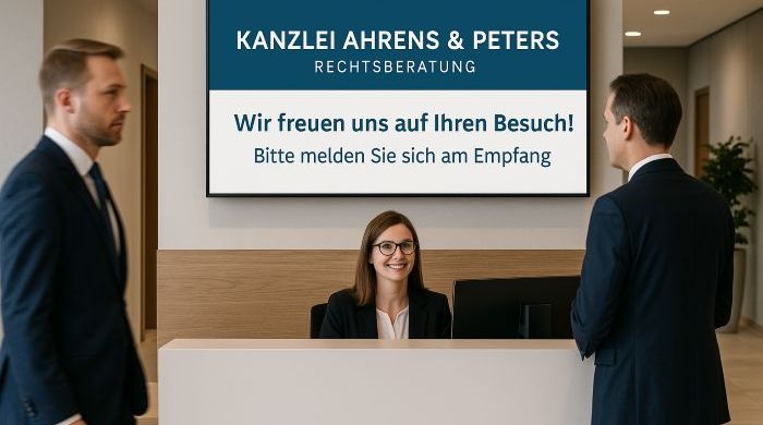 Rezeption in der Kanzlei Ahrens & Peters mit Schild "Wir freuen uns auf Ihren Besuch! Bitte melden Sie sich am Empfang."
